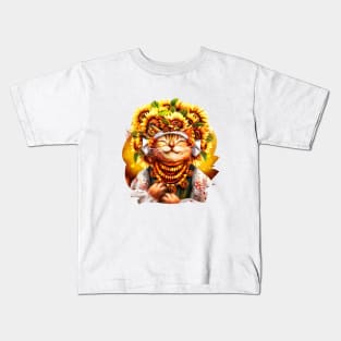 Ukrainian cat in folk costume, wearing a wreath of sunflowers, basking in the sun Kids T-Shirt